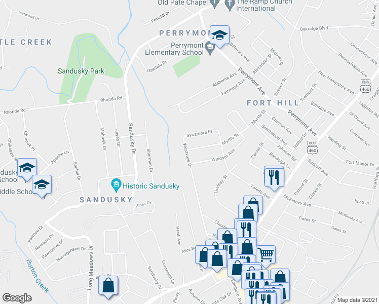 map of restaurants, bars, coffee shops, grocery stores, and more near 4928 Myrtle Street in Lynchburg