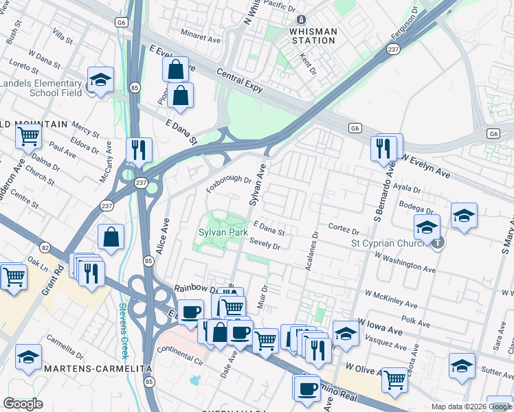 map of restaurants, bars, coffee shops, grocery stores, and more near 4 Althea Lane in Mountain View