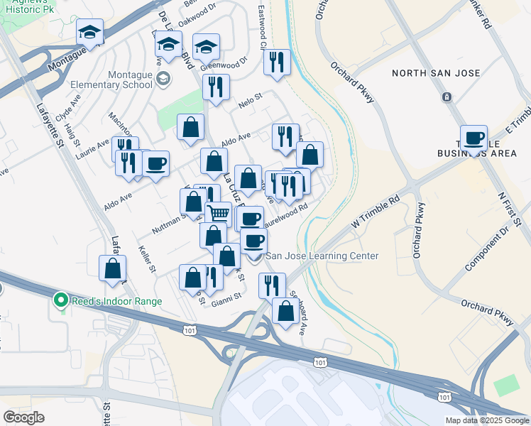 map of restaurants, bars, coffee shops, grocery stores, and more near 3233 De La Cruz Boulevard in Santa Clara