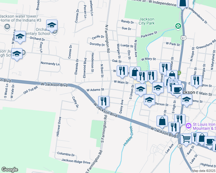 map of restaurants, bars, coffee shops, grocery stores, and more near 117 South Farmington Road in Jackson