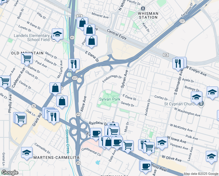 map of restaurants, bars, coffee shops, grocery stores, and more near 415 Hedgerow Court in Mountain View
