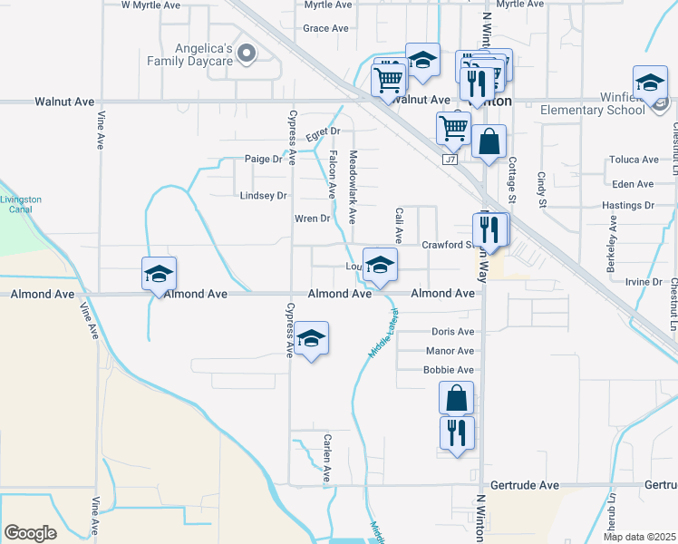map of restaurants, bars, coffee shops, grocery stores, and more near 7379 Louise Avenue in Winton