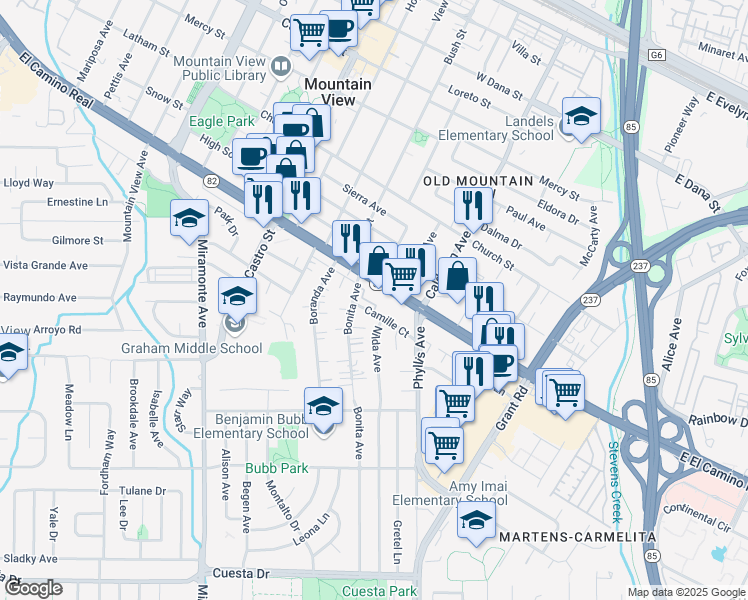 map of restaurants, bars, coffee shops, grocery stores, and more near 926 Camille Lane in Mountain View