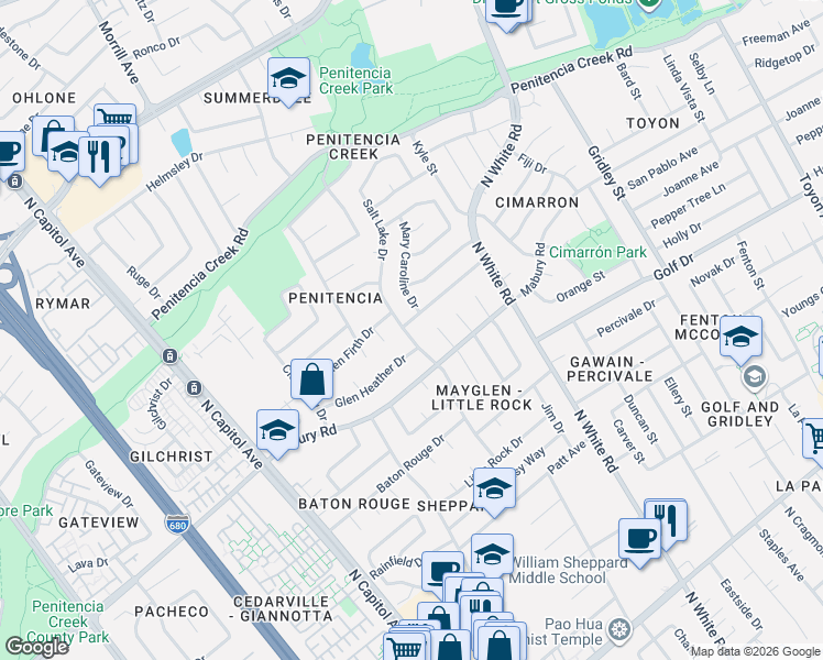 map of restaurants, bars, coffee shops, grocery stores, and more near 2954 Reece Way in San Jose
