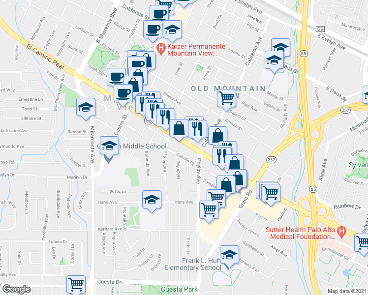 map of restaurants, bars, coffee shops, grocery stores, and more near 247 California 82 in Mountain View