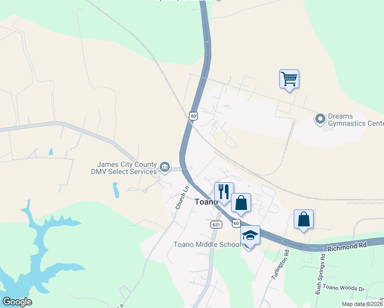map of restaurants, bars, coffee shops, grocery stores, and more near 7990 Richmond Rd in James City
