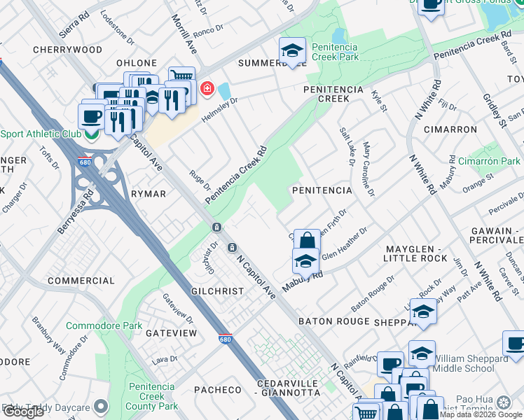 map of restaurants, bars, coffee shops, grocery stores, and more near 830 North Capitol Avenue in San Jose