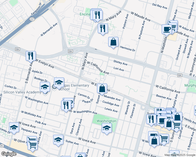 map of restaurants, bars, coffee shops, grocery stores, and more near 973 Asilomar Terrace in Sunnyvale