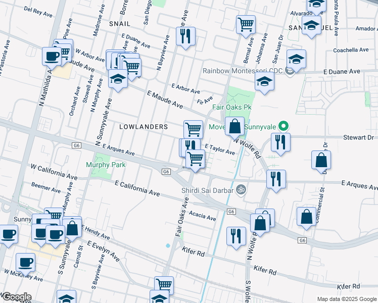 map of restaurants, bars, coffee shops, grocery stores, and more near 374 America Avenue in Sunnyvale