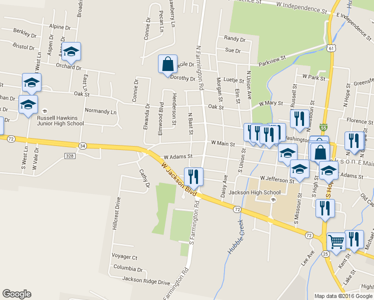 map of restaurants, bars, coffee shops, grocery stores, and more near 125 South Bast Street in Jackson