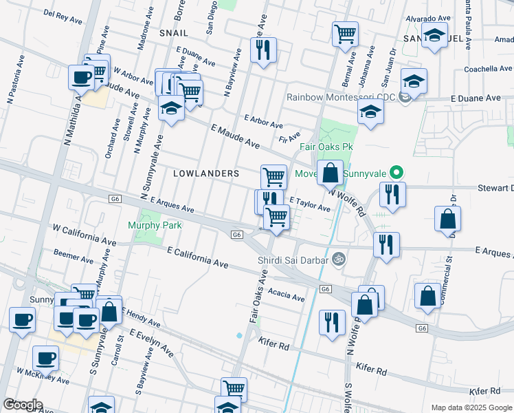 map of restaurants, bars, coffee shops, grocery stores, and more near 374 America Avenue in Sunnyvale