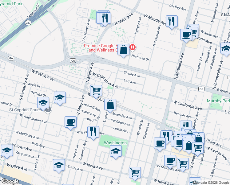 map of restaurants, bars, coffee shops, grocery stores, and more near 170 Pasito Terrace in Sunnyvale