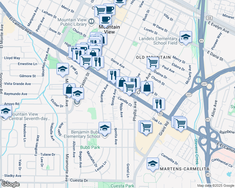 map of restaurants, bars, coffee shops, grocery stores, and more near 909 Bonita Avenue in Mountain View