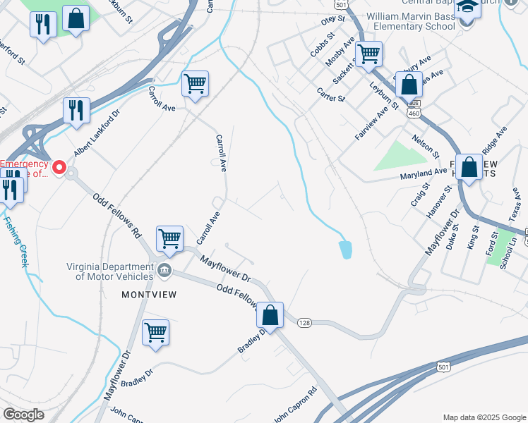 map of restaurants, bars, coffee shops, grocery stores, and more near 3008 Bonsack Street in Lynchburg