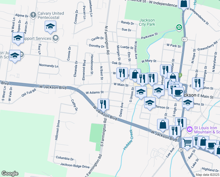 map of restaurants, bars, coffee shops, grocery stores, and more near 117 South Farmington Road in Jackson