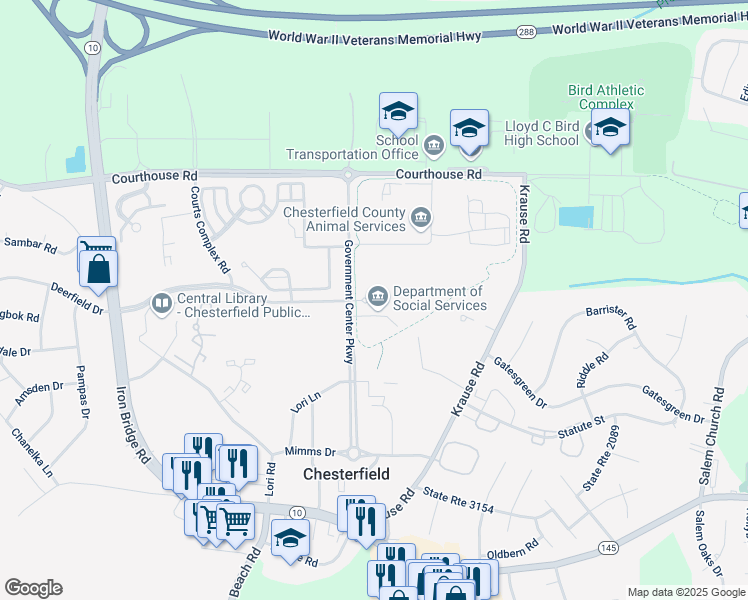 map of restaurants, bars, coffee shops, grocery stores, and more near 9501 Lucy Corr Circle in Chesterfield