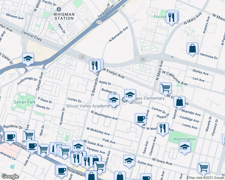 map of restaurants, bars, coffee shops, grocery stores, and more near 1151 Bodega Drive in Sunnyvale