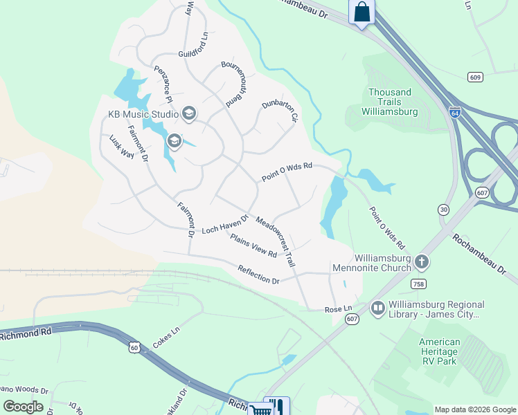map of restaurants, bars, coffee shops, grocery stores, and more near 103 Lakepoint Court in Williamsburg