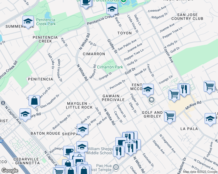 map of restaurants, bars, coffee shops, grocery stores, and more near 3165 Percivale Drive in San Jose