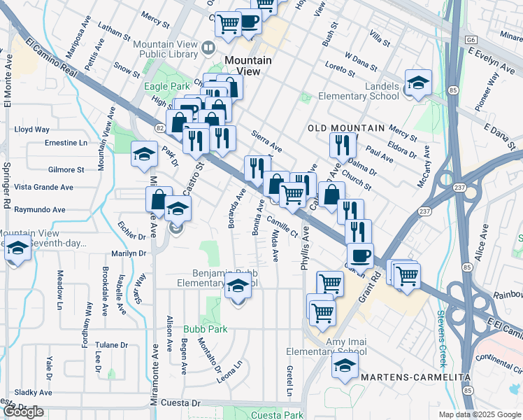 map of restaurants, bars, coffee shops, grocery stores, and more near 909 Bonita Avenue in Mountain View