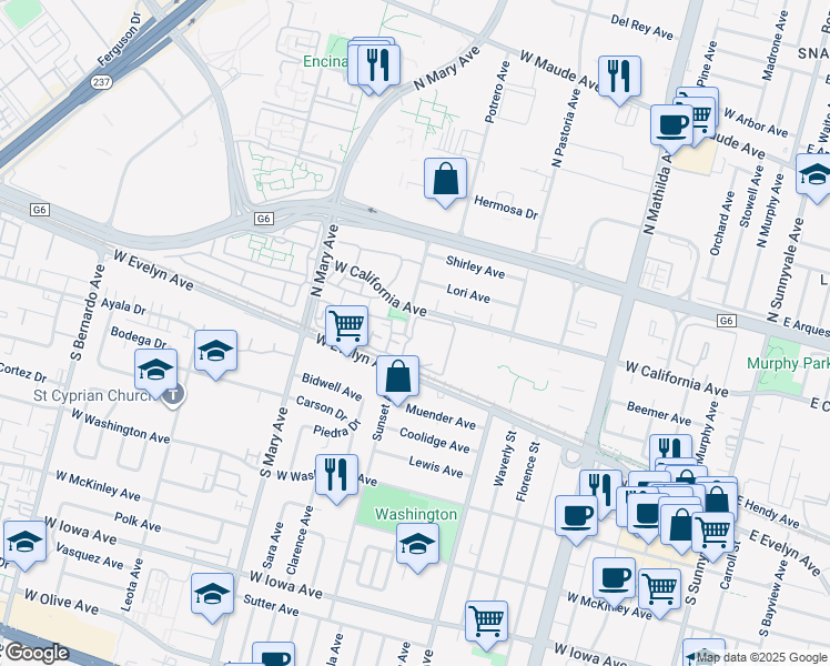 map of restaurants, bars, coffee shops, grocery stores, and more near 180 Pasito Terrace in Sunnyvale
