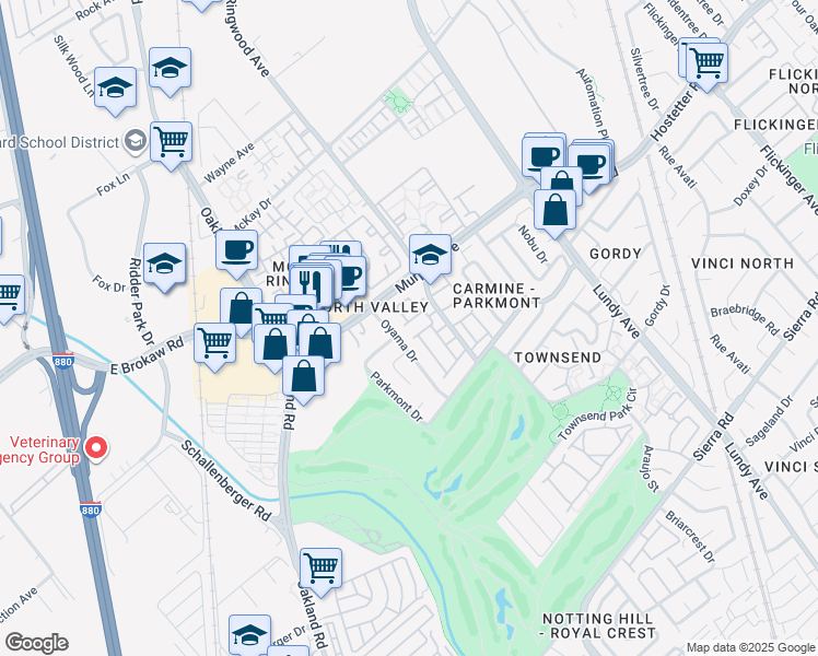 map of restaurants, bars, coffee shops, grocery stores, and more near 1561 Tainan Drive in San Jose