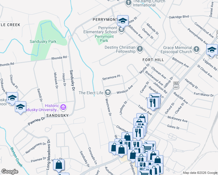 map of restaurants, bars, coffee shops, grocery stores, and more near 4922 Myrtle Street in Lynchburg