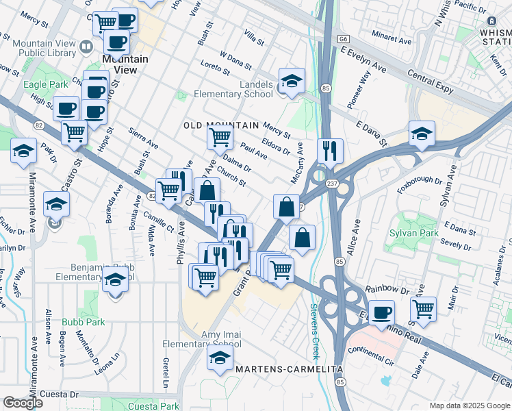 map of restaurants, bars, coffee shops, grocery stores, and more near 610 El Ranchito Way in Mountain View