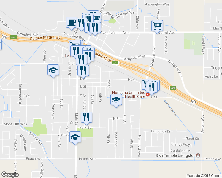 map of restaurants, bars, coffee shops, grocery stores, and more near 821 7th Street in Livingston