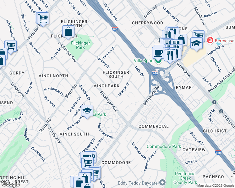 map of restaurants, bars, coffee shops, grocery stores, and more near 2105 Charger Drive in San Jose
