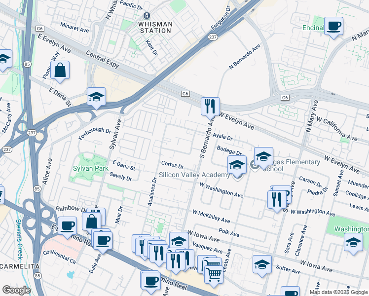 map of restaurants, bars, coffee shops, grocery stores, and more near 13 Balboa Court in Sunnyvale