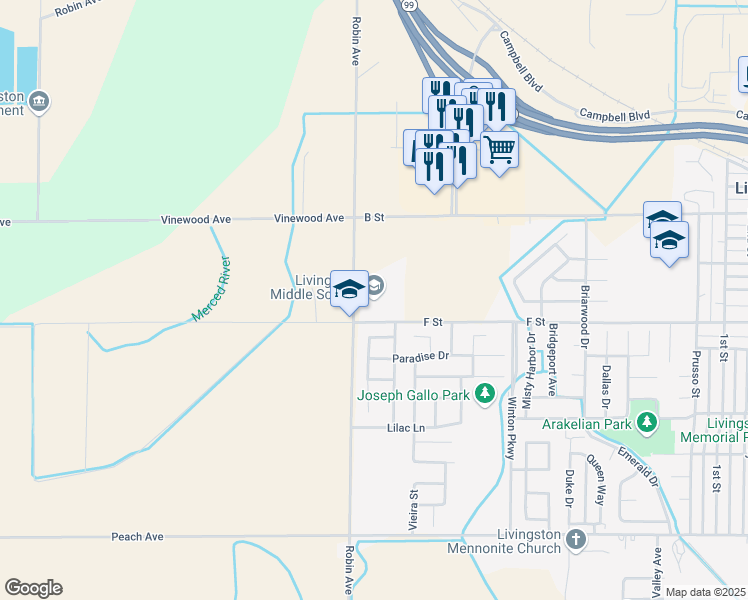 map of restaurants, bars, coffee shops, grocery stores, and more near 101 F Street in Livingston
