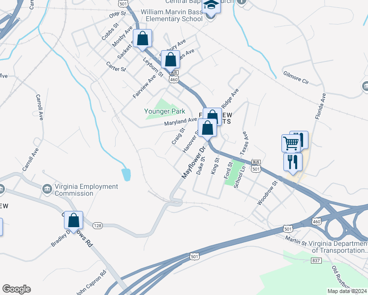 map of restaurants, bars, coffee shops, grocery stores, and more near 2127 Hanover Street in Lynchburg