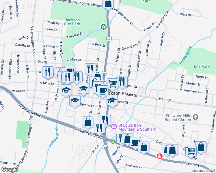 map of restaurants, bars, coffee shops, grocery stores, and more near 1 Barton Square in Jackson