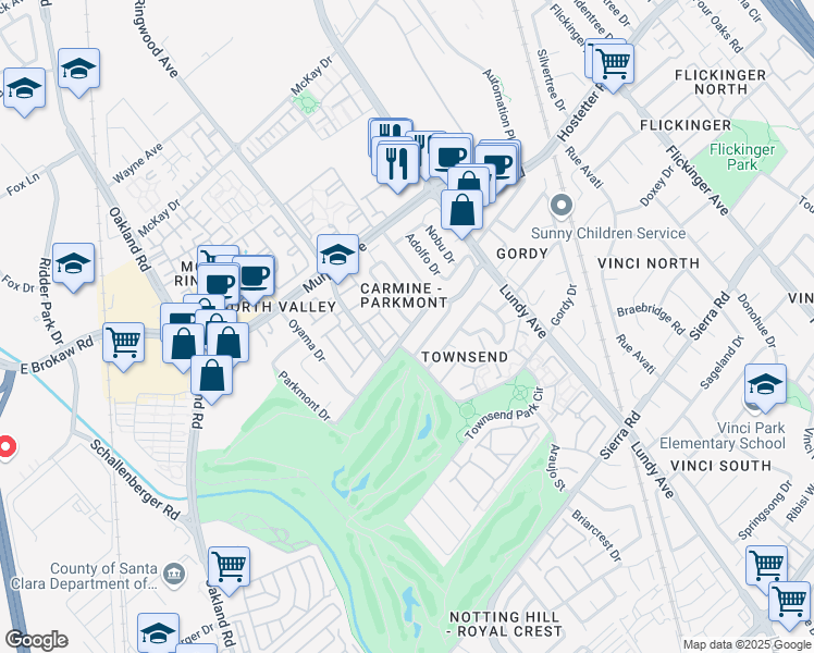 map of restaurants, bars, coffee shops, grocery stores, and more near 1620 Mission Springs Circle in San Jose