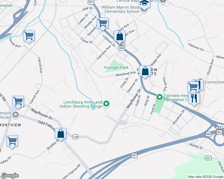 map of restaurants, bars, coffee shops, grocery stores, and more near 2224 Haden Street in Lynchburg