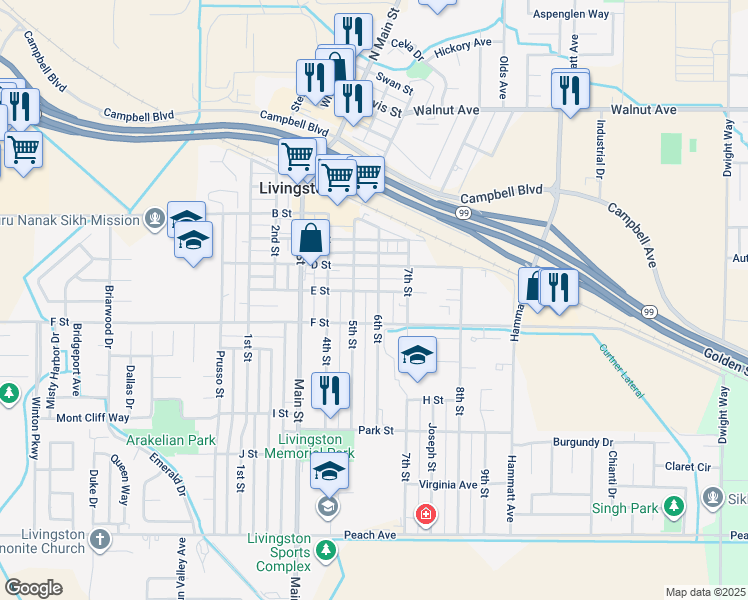 map of restaurants, bars, coffee shops, grocery stores, and more near 814 6th Street in Livingston