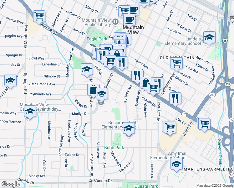 map of restaurants, bars, coffee shops, grocery stores, and more near 621 Sonia Way in Mountain View