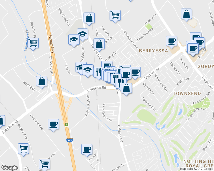 map of restaurants, bars, coffee shops, grocery stores, and more near 1041 E Brokaw Rd in San Jose