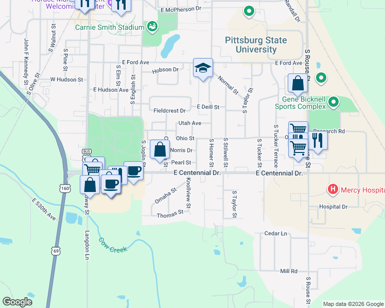 map of restaurants, bars, coffee shops, grocery stores, and more near 514 Norris Drive in Pittsburg
