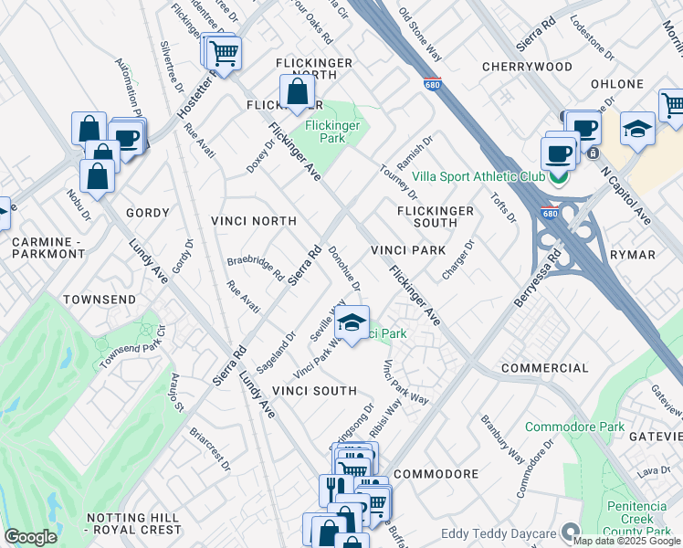 map of restaurants, bars, coffee shops, grocery stores, and more near 1301 Donohue Drive in San Jose