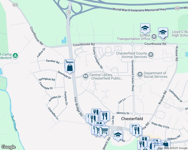 map of restaurants, bars, coffee shops, grocery stores, and more near 7032 Pine Orchard Court in Chesterfield