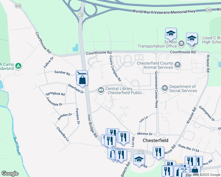 map of restaurants, bars, coffee shops, grocery stores, and more near 7032 Pine Orchard Court in Chesterfield