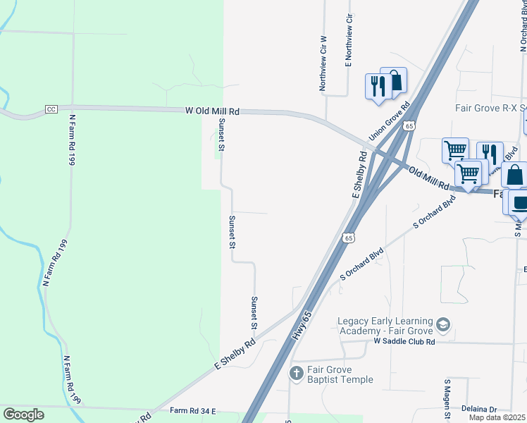 map of restaurants, bars, coffee shops, grocery stores, and more near 130 Sunset Street in Fair Grove