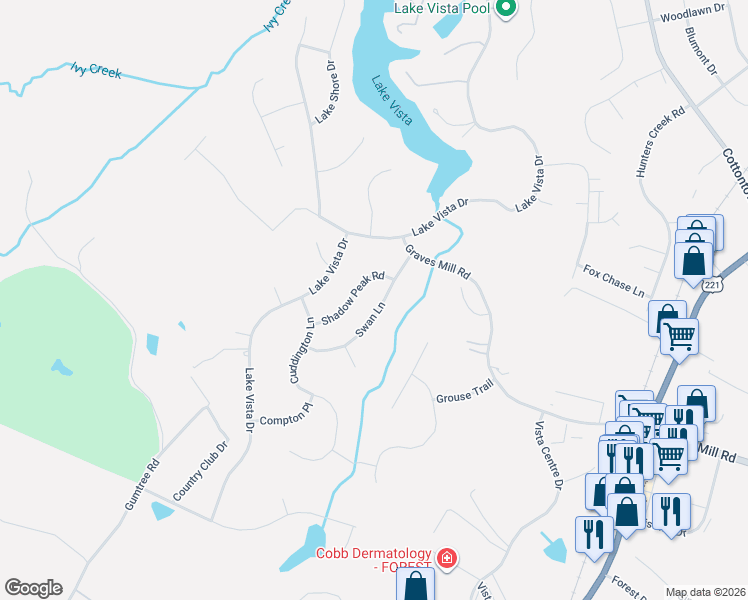 map of restaurants, bars, coffee shops, grocery stores, and more near 207 Swan Lane in Forest