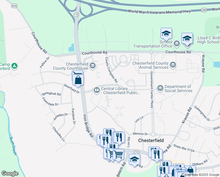 map of restaurants, bars, coffee shops, grocery stores, and more near 7004 Pine Orchard Ct in Chesterfield