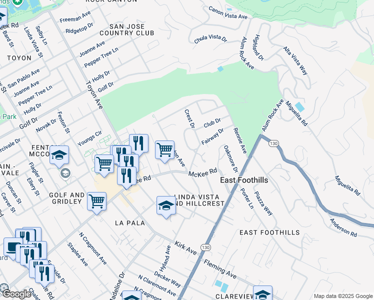 map of restaurants, bars, coffee shops, grocery stores, and more near 310 Crest Drive in San Jose