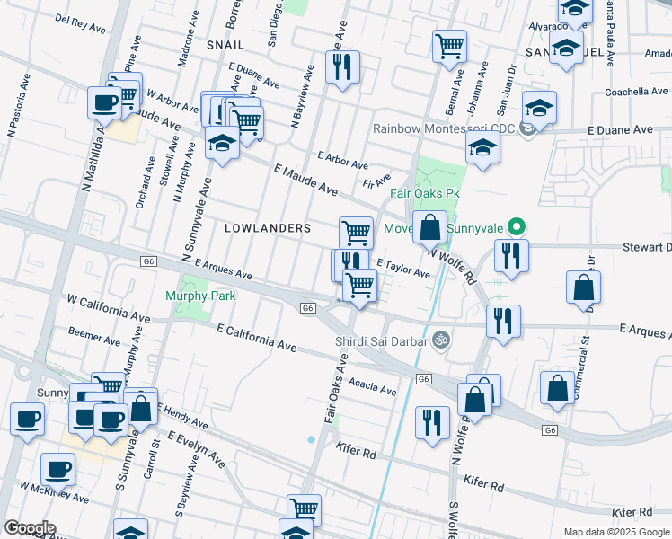 map of restaurants, bars, coffee shops, grocery stores, and more near 374 America Avenue in Sunnyvale