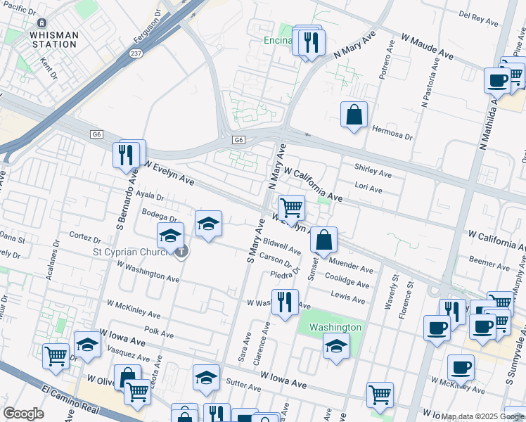 map of restaurants, bars, coffee shops, grocery stores, and more near S Mary Ave & W Evelyn Ave in Sunnyvale