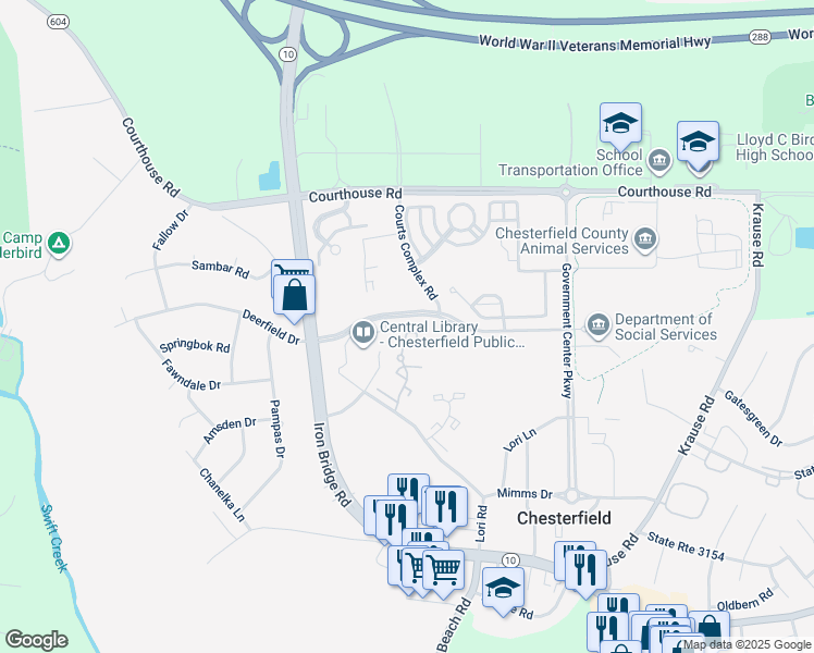 map of restaurants, bars, coffee shops, grocery stores, and more near 7016 Pine Orchard Court in Chesterfield
